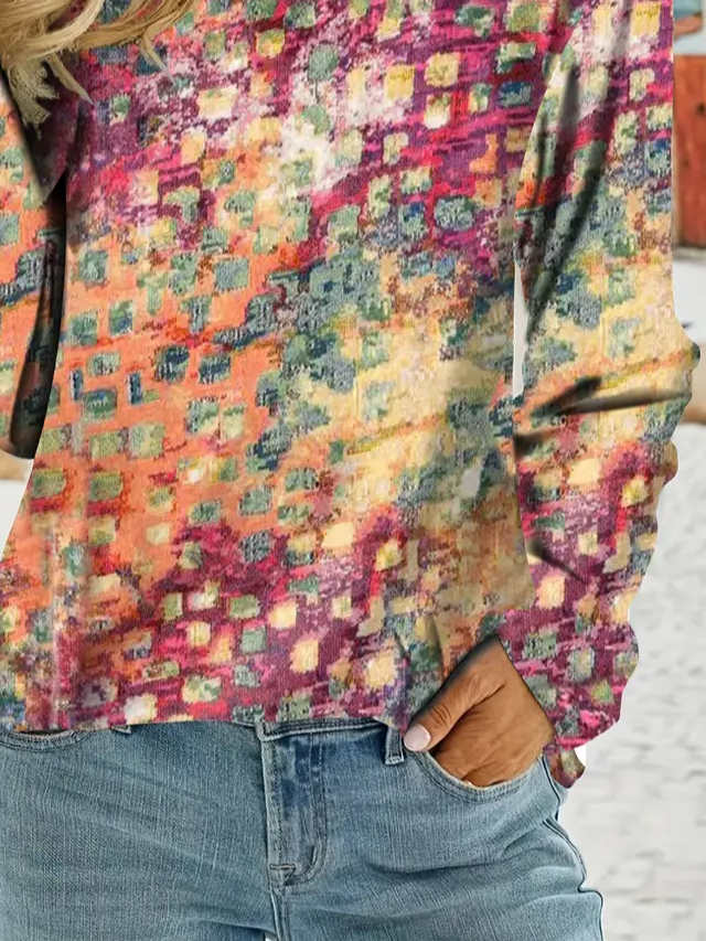 Damen Abstrakt Langarm T-Shirts T-Shirt Rundhals Print Lässig Frühling/Herbst T-Shirt mit Grafik Oberteile