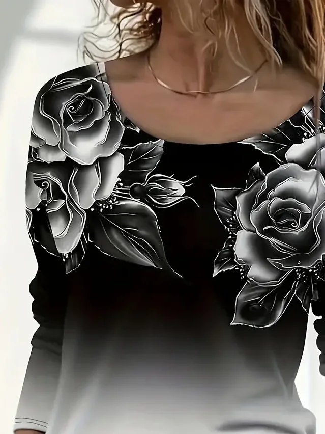 Damen Geblümt Langarm T-Shirts T-Shirt Rundhals Print Lässig Frühling/Herbst T-Shirt mit Grafik Oberteile