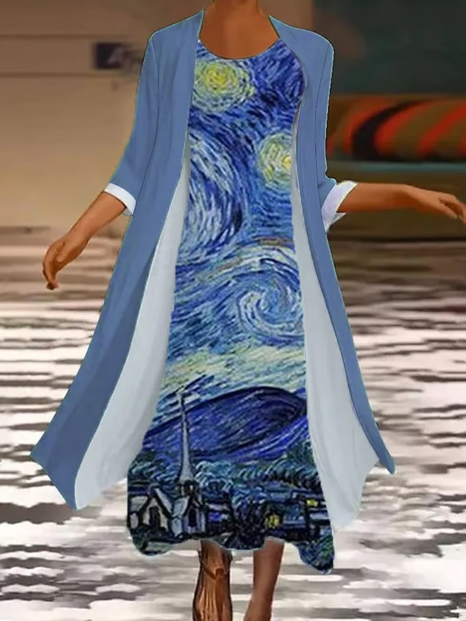 Damen Gemälde Print Zweiteiliges Set Täglich Dreiviertelärmel Lässig Frühling/Herbst Mantel mit Rock Matching Set