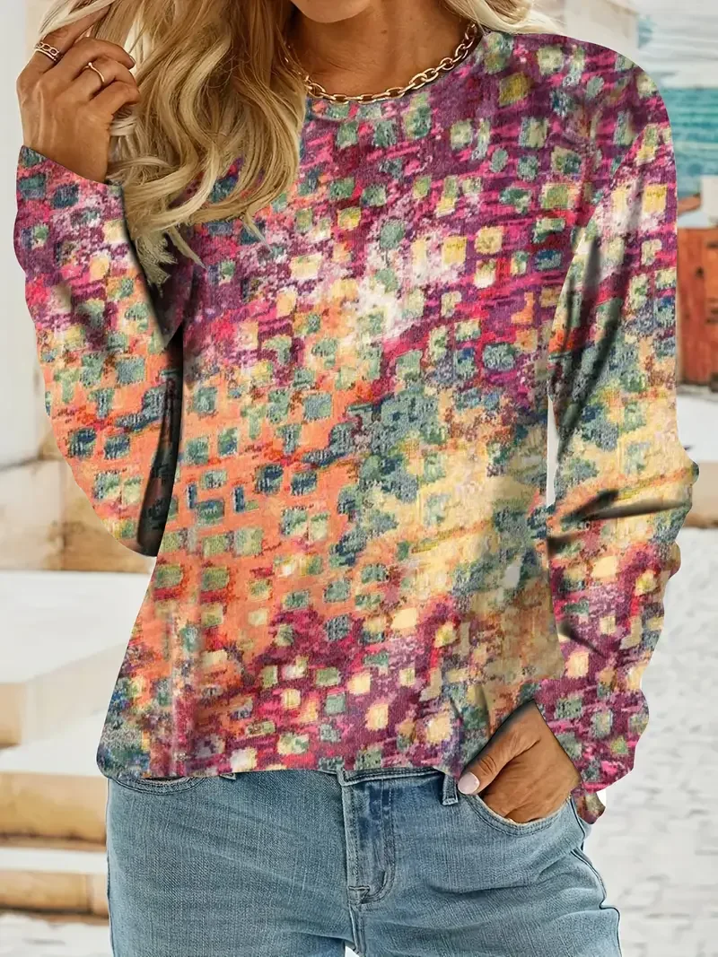 Damen Abstrakt Langarm T-Shirts T-Shirt Rundhals Print Lässig Frühling/Herbst T-Shirt mit Grafik Oberteile