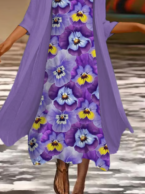 Damen Geblümt Print Zweiteiliges Set Täglich Dreiviertelärmel Lässig Frühling/Herbst Mantel mit Rock Matching Set