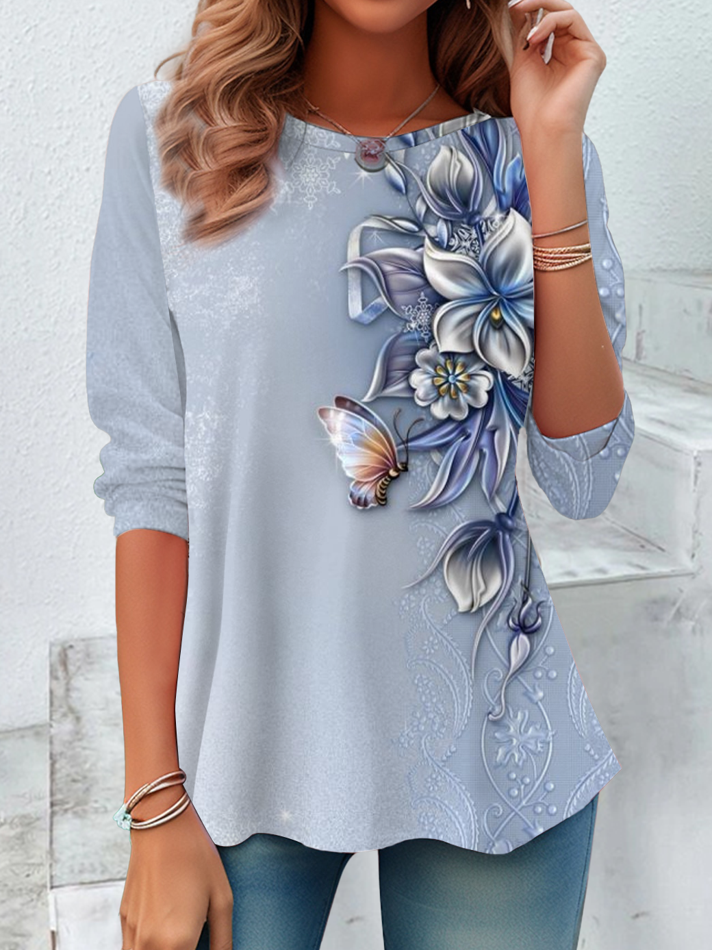 Damen Geblümt Langarm T-Shirts T-Shirt Rundhals Print Lässig Frühling/Herbst T-Shirt mit Grafik Oberteile