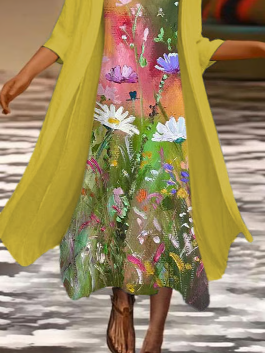 Damen Geblümt Print Zweiteiliges Set Täglich Dreiviertelärmel Lässig Frühling/Herbst Mantel mit Rock Matching Set
