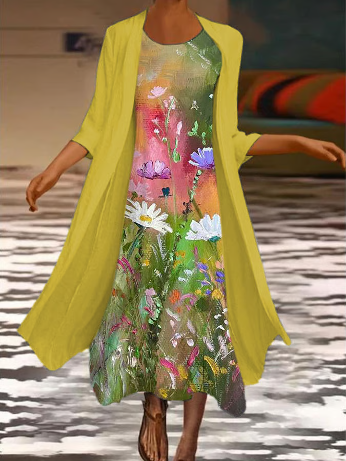 Damen Geblümt Print Zweiteiliges Set Täglich Dreiviertelärmel Lässig Frühling/Herbst Mantel mit Rock Matching Set