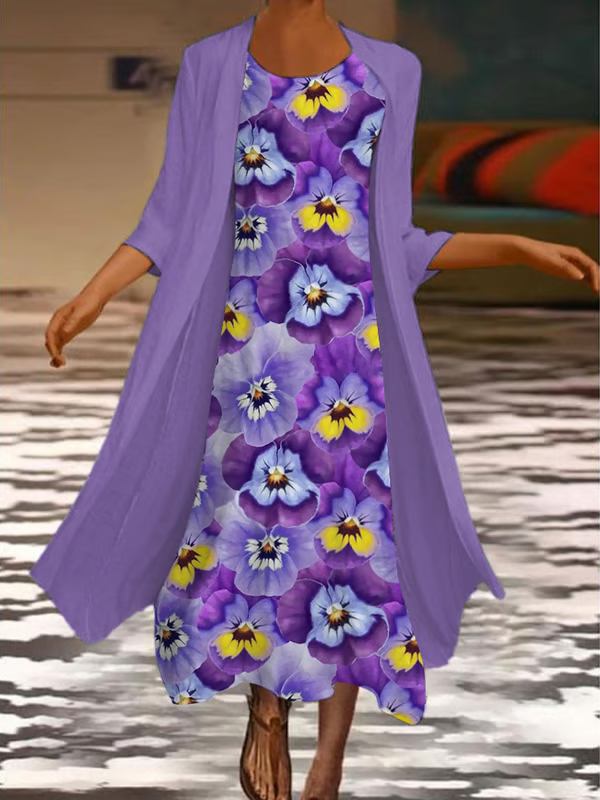 Damen Geblümt Print Zweiteiliges Set Täglich Dreiviertelärmel Lässig Frühling/Herbst Mantel mit Rock Matching Set