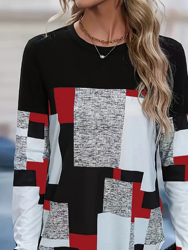 Damen Abstrakt Kariert Langarm T-Shirts T-Shirt Rundhals Print Lässig Frühling/Herbst T-Shirt mit Grafik Oberteile