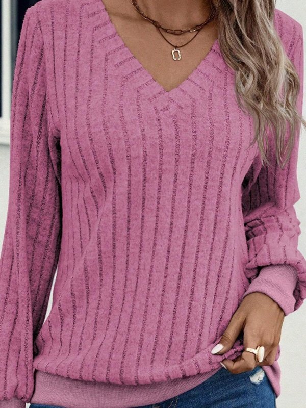 Damen Unifarben Langarm T-Shirts T-Shirt V-Ausschnitt Nahtverarbeitung Retro Frühling/Herbst Oberteile
