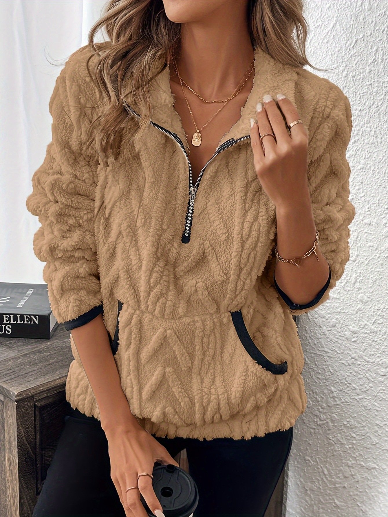 Damen Unifarben V-Ausschnitt Lässig Frühling/Herbst Langarm Sweatshirt