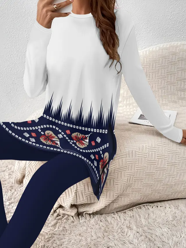 Damen Geblümt Print Zweiteiliges Set Täglich Langarm Lässig Frühling/Herbst Bluse mit Hose Matching Set