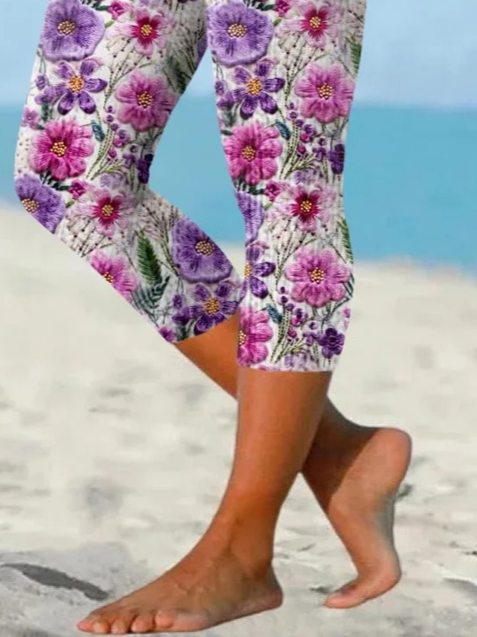 Damen Geblümt Caprihosen Elastische Taille Hose Lässig Sommer Hose