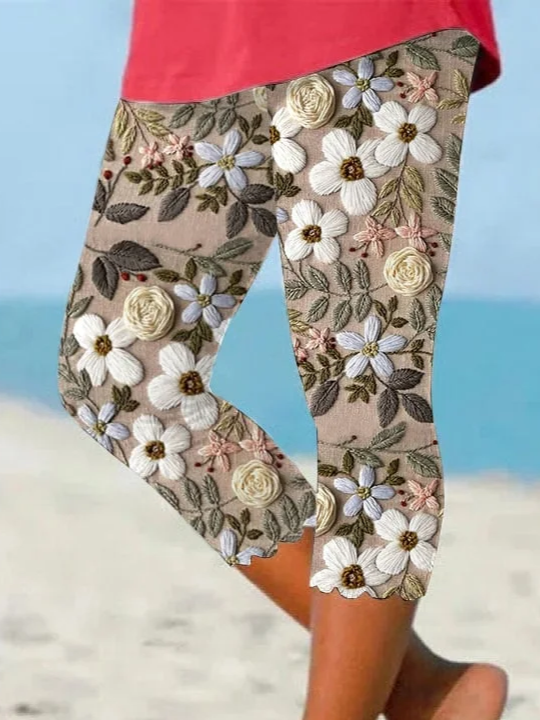 Damen Geblümt Caprihosen Elastische Taille Hose Lässig Sommer Hose
