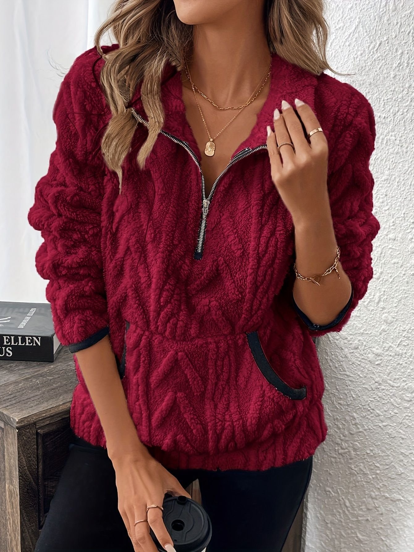 Damen Unifarben V-Ausschnitt Lässig Frühling/Herbst Langarm Sweatshirt