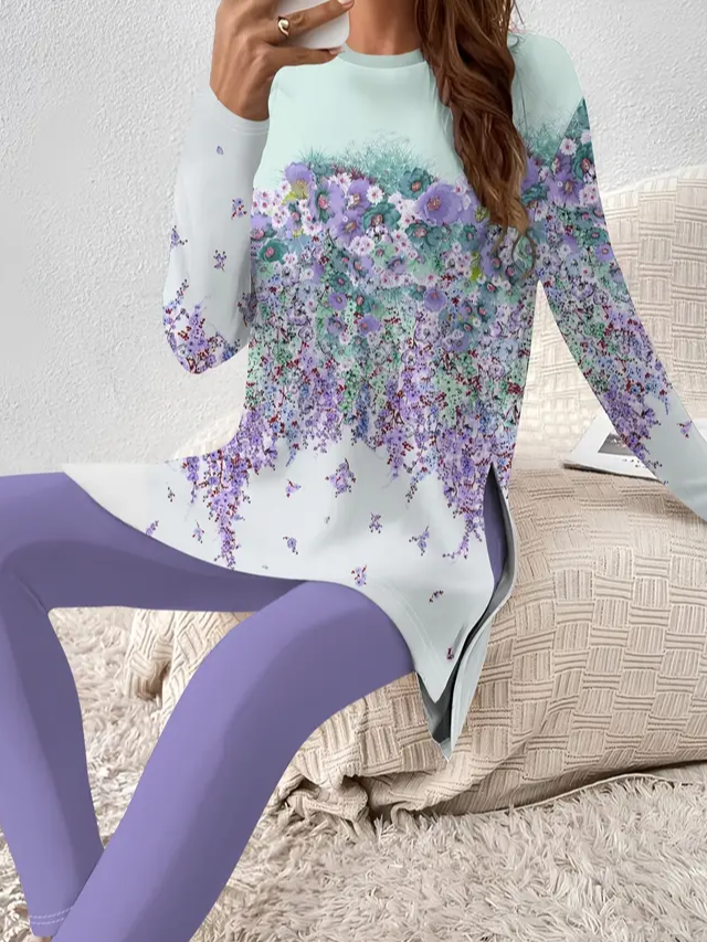 Damen Geblümt Print Zweiteiliges Set Täglich Langarm Lässig Frühling/Herbst Bluse mit Hose Matching Set