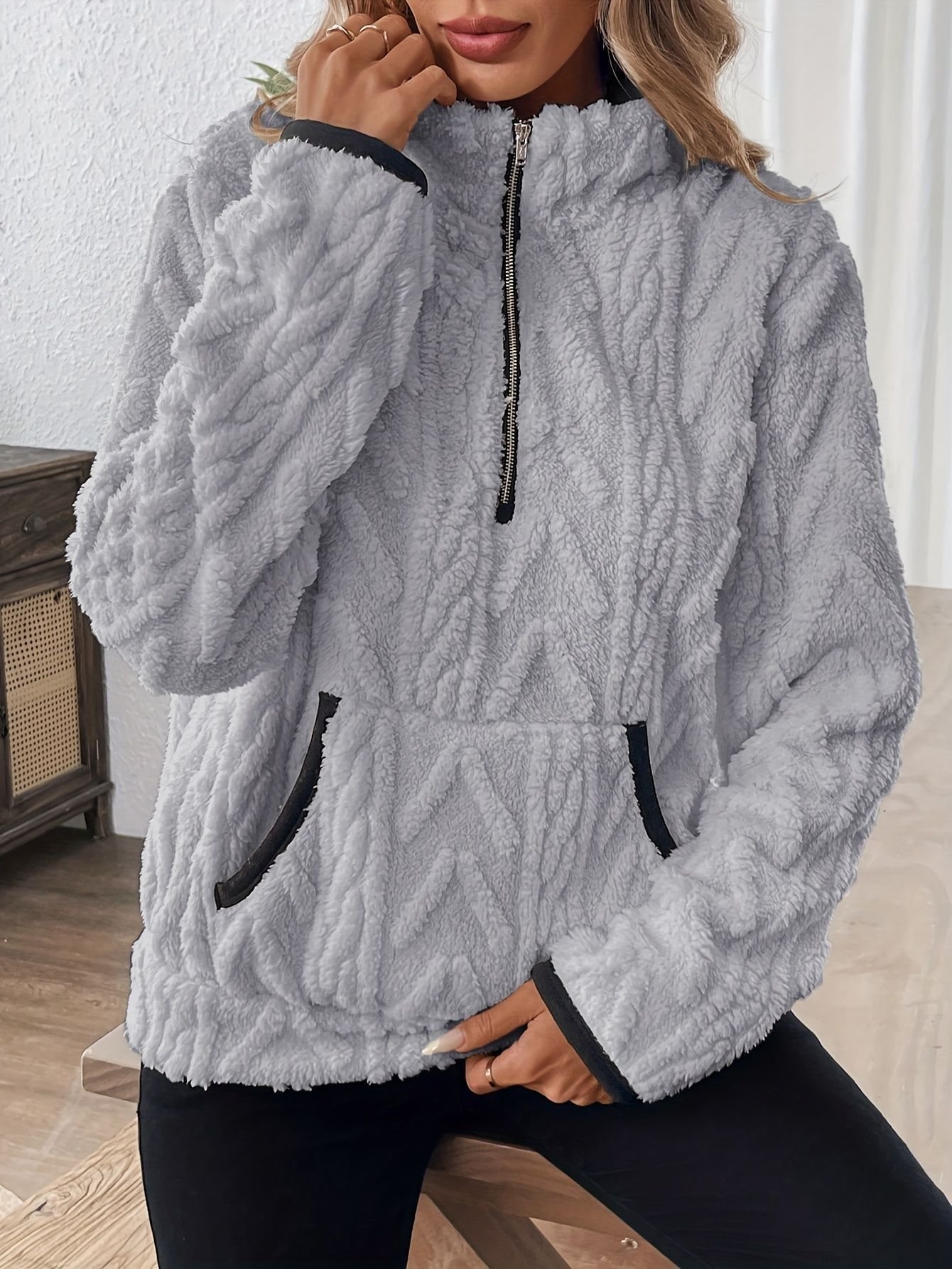 Damen Unifarben V-Ausschnitt Lässig Frühling/Herbst Langarm Sweatshirt