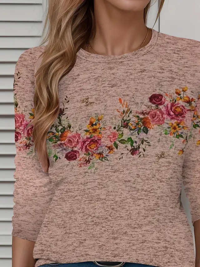 Damen Geblümt Langarm T-Shirts T-Shirt Rundhals Print Lässig Frühling/Herbst T-Shirt mit Grafik Oberteile