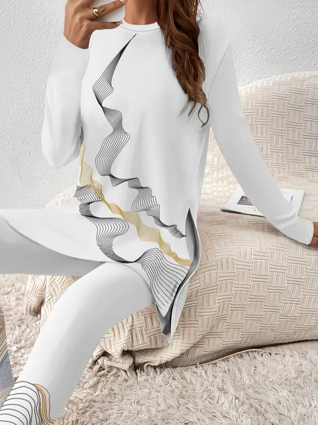 Damen Abstrakt Print Zweiteiliges Set Täglich Langarm Lässig Frühling/Herbst Bluse mit Hose Matching Set