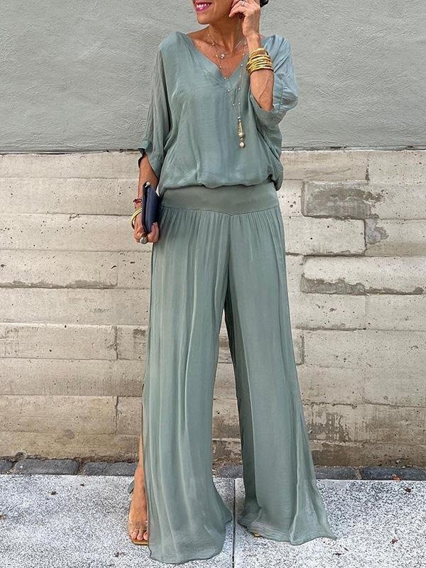 Damen Unifarben Nahtverarbeitung Zweiteiliges Set Täglich Halbarm Lässig Sommer Bluse mit Hose Matching Set