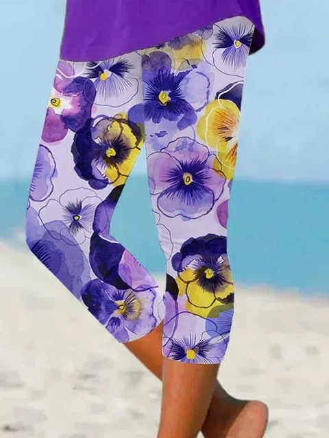 Damen Geblümt Caprihosen Elastische Taille Hose Lässig Sommer Hose