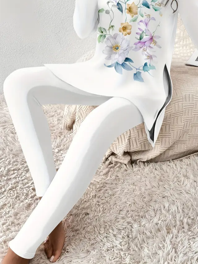 Damen Geblümt Print Zweiteiliges Set Täglich Langarm Lässig Frühling/Herbst Bluse mit Hose Matching Set