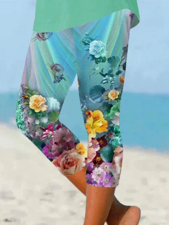 Damen Geblümt Caprihosen Elastische Taille Hose Lässig Sommer Hose