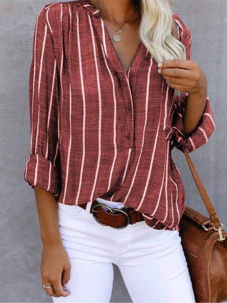 Damen Gestreift Langarm Bluse Frühling/Herbst Print V-Ausschnitt Täglich Lässig Oberteile