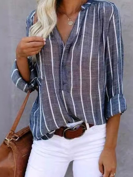 Damen Gestreift Langarm Bluse Frühling/Herbst Print V-Ausschnitt Täglich Lässig Oberteile