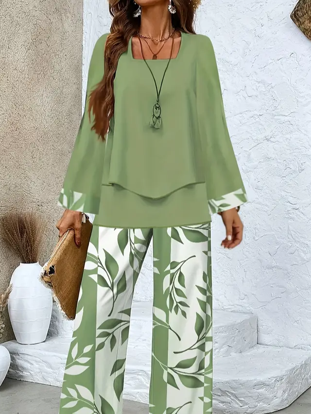 Damen Geblümt Print Zweiteiliges Set Täglich Langarm Lässig Frühling/Herbst Bluse mit Hose Matching Set