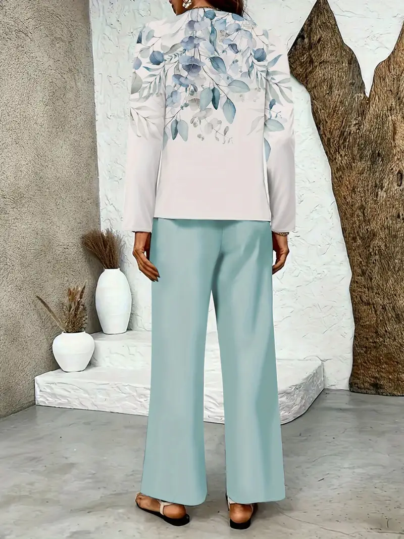 Damen Geblümt Print Zweiteiliges Set Täglich Langarm Lässig Frühling/Herbst Bluse mit Hose Matching Set