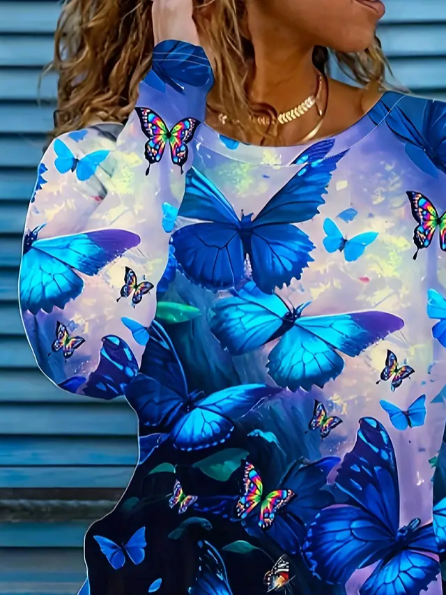 Damen Schmetterling Langarm T-Shirts T-Shirt Rundhals Print Lässig Frühling/Herbst T-Shirt mit Grafik Oberteile