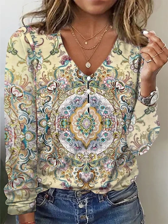 Damen Geometrisch Langarm T-Shirts T-Shirt V-Ausschnitt Print Retro Frühling/Herbst Oberteile