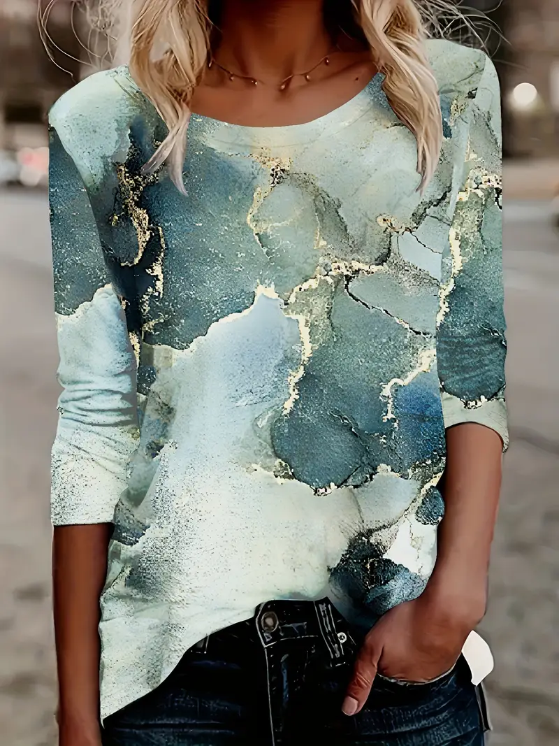 Damen Abstrakt Langarm T-Shirts T-Shirt Rundhals Print Lässig Frühling/Herbst T-Shirt mit Grafik Oberteile
