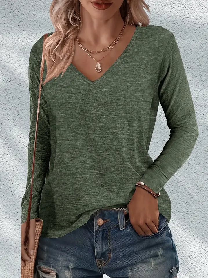 Damen Unifarben Langarm T-Shirts T-Shirt V-Ausschnitt Print Lässig Frühling/Herbst T-Shirt mit Grafik Oberteile
