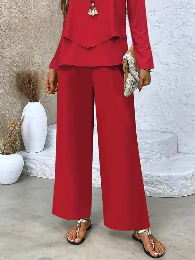 Damen Unifarben Print Zweiteiliges Set Täglich Langarm Lässig Frühling/Herbst Bluse mit Hose Matching Set