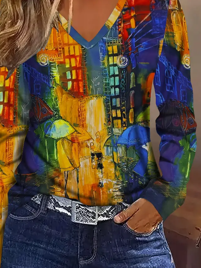 Damen Abstrakt Langarm T-Shirts T-Shirt V-Ausschnitt Print Lässig Frühling/Herbst T-Shirt mit Grafik Oberteile