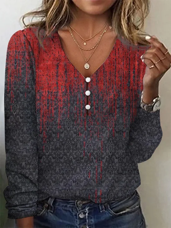 Damen Geometrisch Langarm T-Shirts T-Shirt V-Ausschnitt Print Retro Frühling/Herbst Oberteile