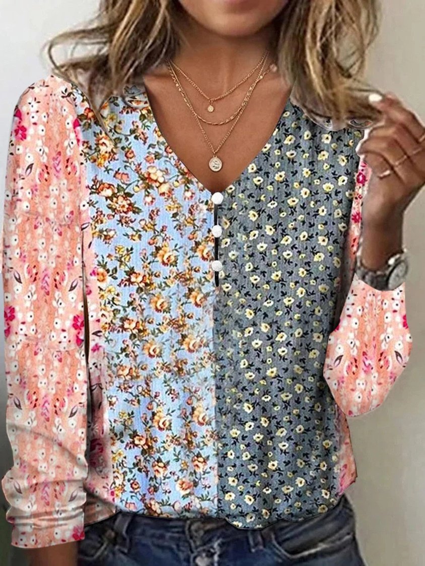Damen Geometrisch Langarm T-Shirts T-Shirt V-Ausschnitt Print Retro Frühling/Herbst Oberteile