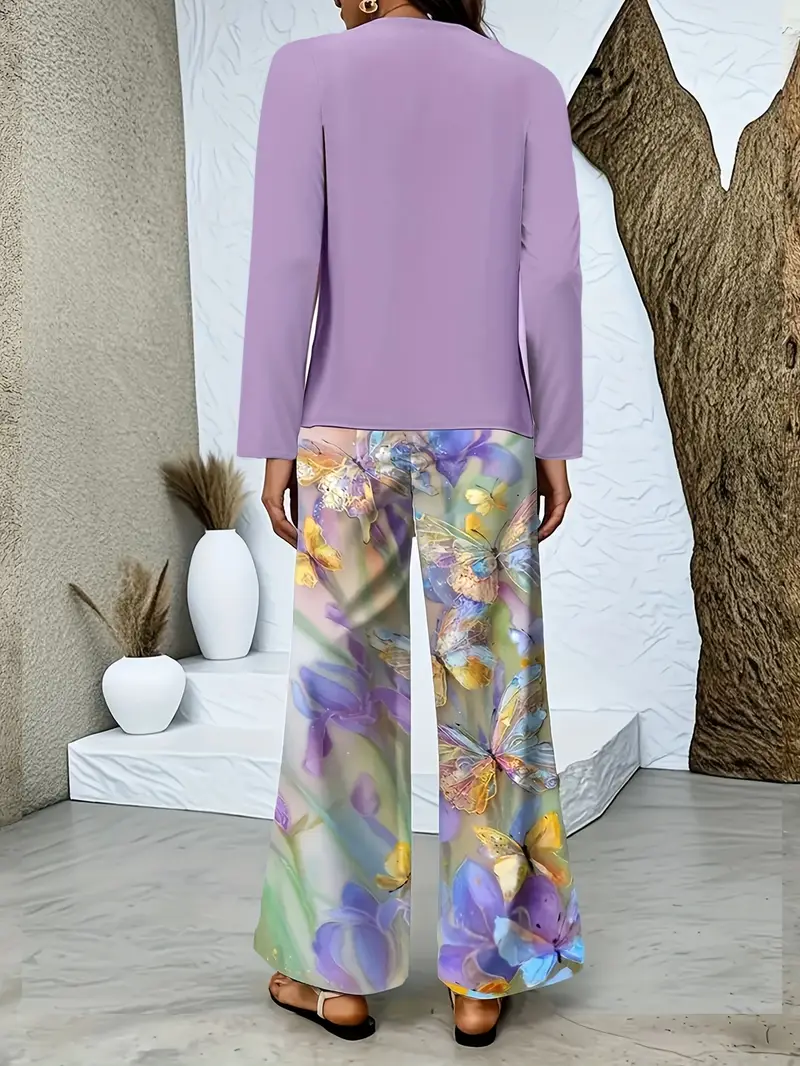 Damen Geblümt Print Zweiteiliges Set Täglich Langarm Lässig Frühling/Herbst Bluse mit Hose Matching Set