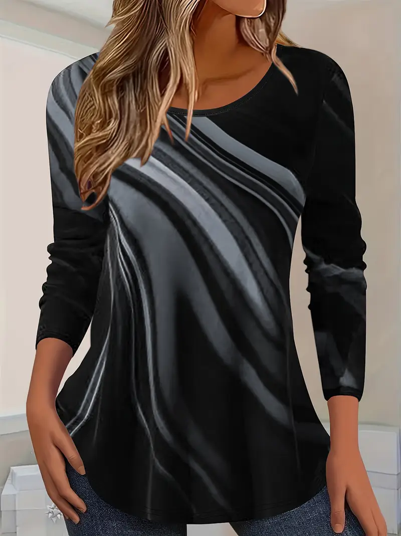 Damen Abstrakt Langarm T-Shirts T-Shirt Rundhals Print Lässig Frühling/Herbst T-Shirt mit Grafik Oberteile