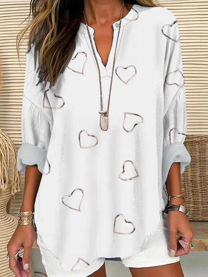 Damen Herz/Herz Langarm Bluse Frühling/Herbst Print V-Ausschnitt Täglich Lässig Oberteile