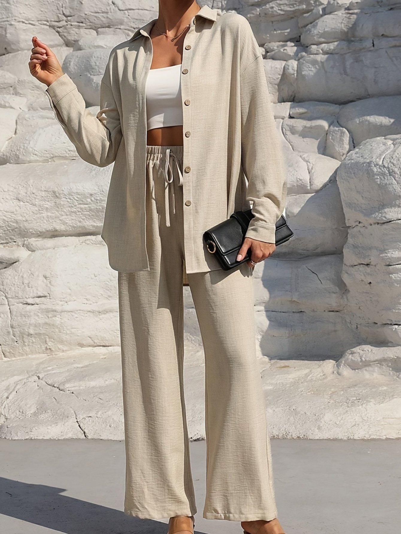 Damen Unifarben Nahtverarbeitung Zweiteiliges Set Täglich Langarm Lässig Frühling/Herbst Bluse mit Hose Matching Set