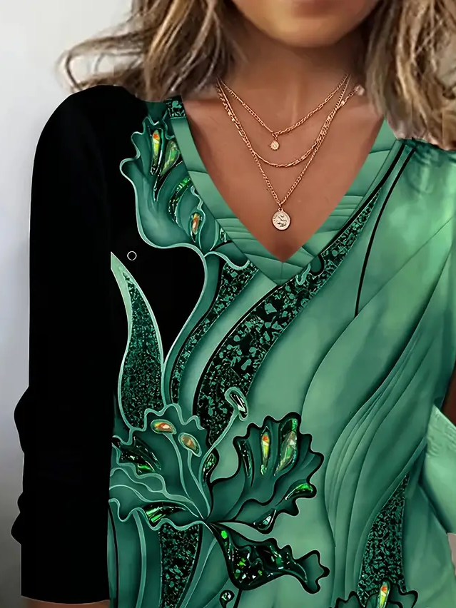 Damen Geblümt Langarm T-Shirts T-Shirt V-Ausschnitt Print Lässig Frühling/Herbst T-Shirt mit Grafik Oberteile