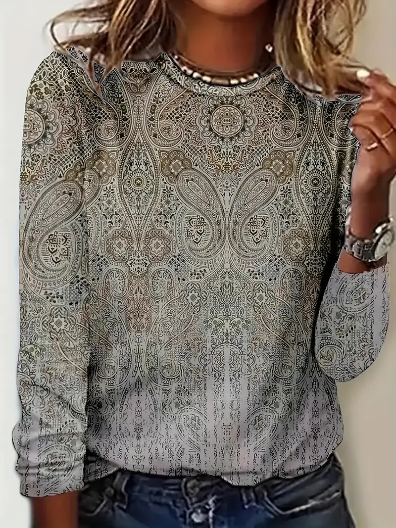 Damen Paisley Langarm T-Shirts T-Shirt Rundhals Print Lässig Frühling/Herbst T-Shirt mit Grafik Oberteile