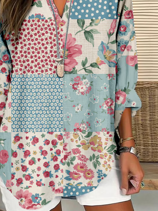 Damen Geblümt Langarm Bluse Frühling/Herbst Print V-Ausschnitt Täglich Lässig Oberteile