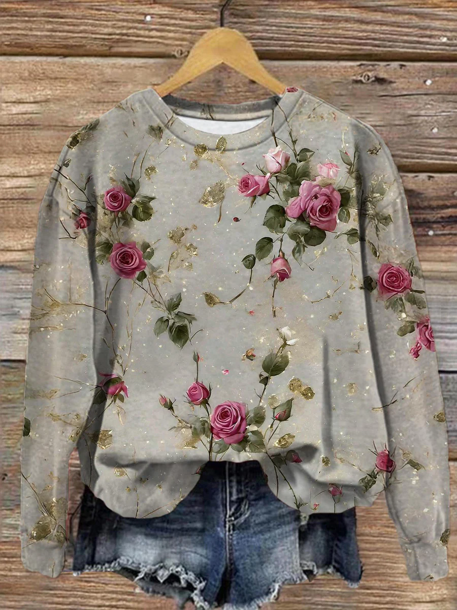 Damen Geblümt Rundhals Print Lässig Frühling/Herbst Langarm Sweatshirt