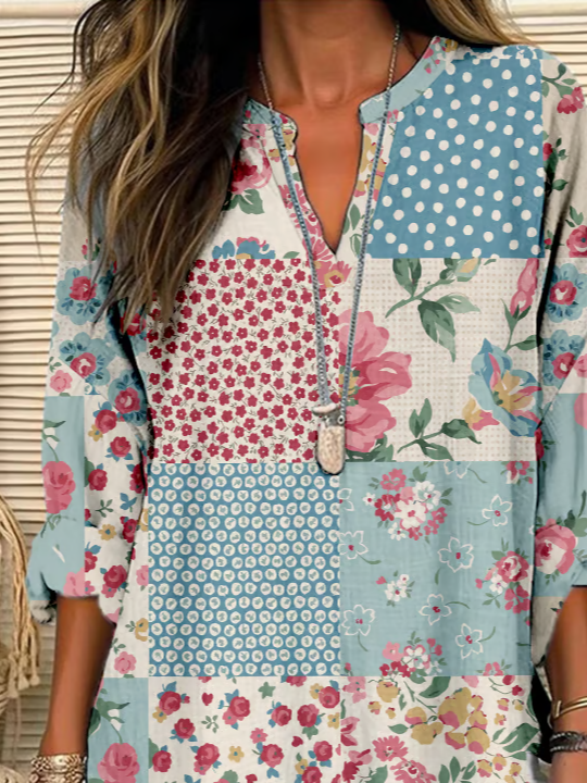 Damen Geblümt Langarm Bluse Frühling/Herbst Print V-Ausschnitt Täglich Lässig Oberteile