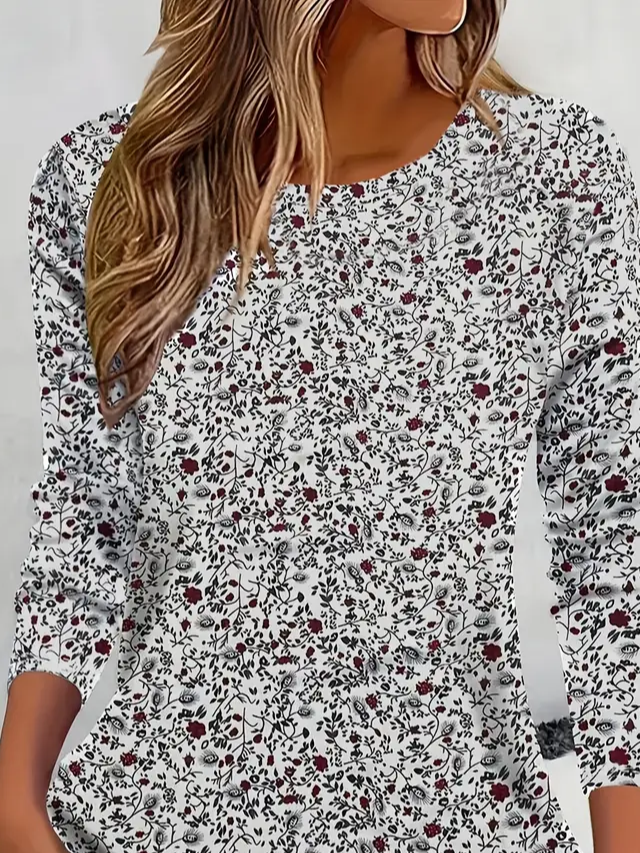 Damen Geblümt Langarm T-Shirts T-Shirt Rundhals Print Lässig Frühling/Herbst T-Shirt mit Grafik Oberteile
