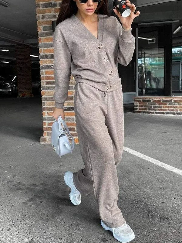 Damen Unifarben Nahtverarbeitung Zweiteiliges Set Täglich Langarm Lässig Frühling/Herbst Bluse mit Hose Matching Set