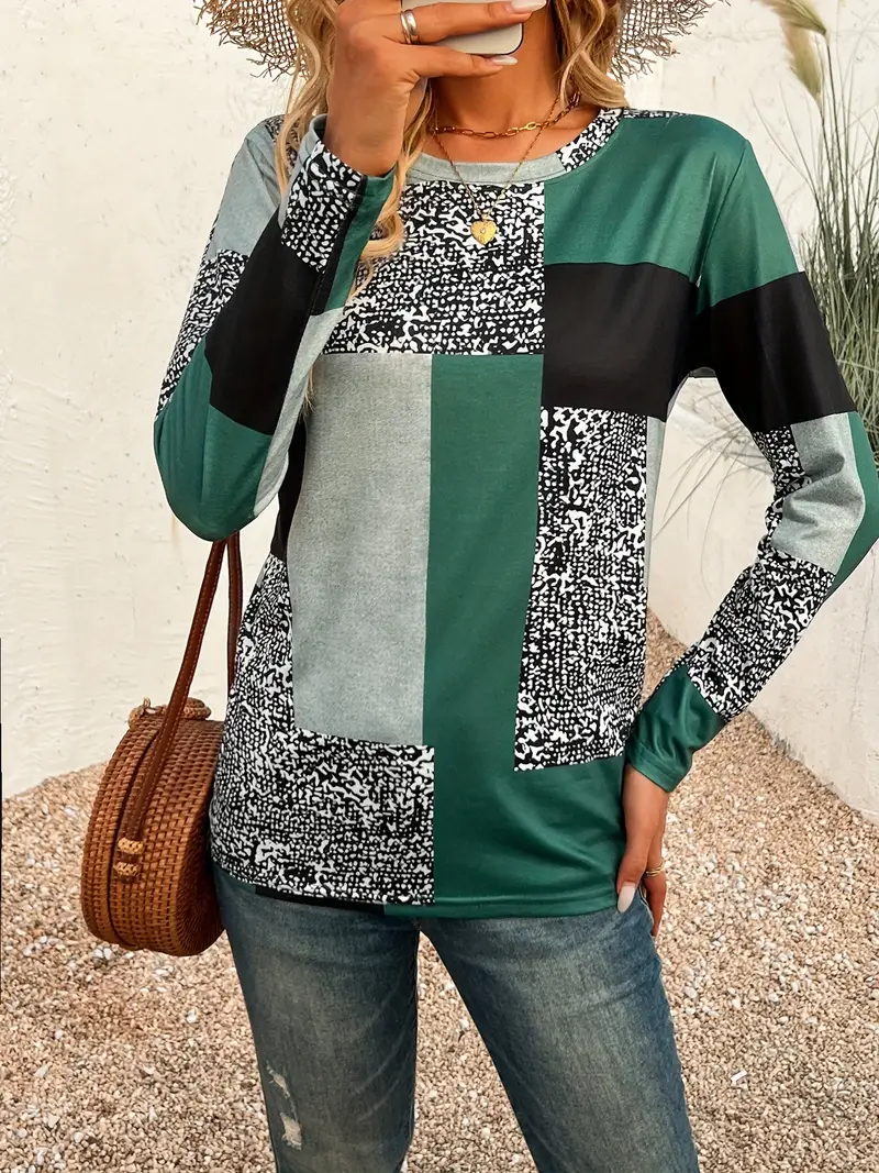 Damen Abstrakt Langarm T-Shirts T-Shirt Rundhals Print Lässig Frühling/Herbst T-Shirt mit Grafik Oberteile
