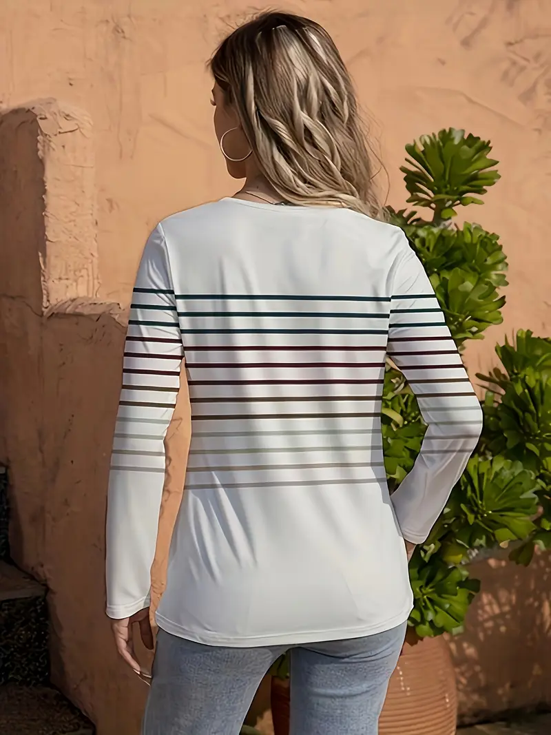Damen Gestreift Langarm T-Shirts T-Shirt Rundhals Print Lässig Frühling/Herbst T-Shirt mit Grafik Oberteile