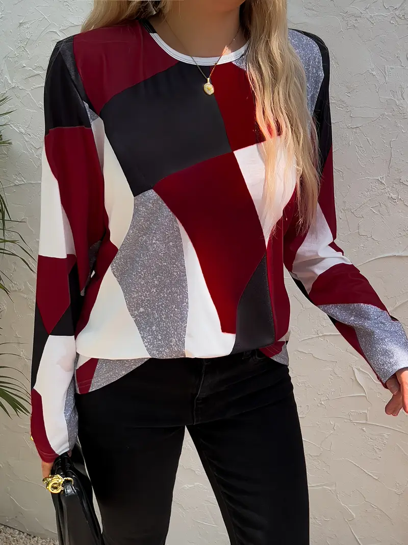 Damen Geometrisch Langarm T-Shirts T-Shirt Rundhals Print Lässig Frühling/Herbst T-Shirt mit Grafik Oberteile